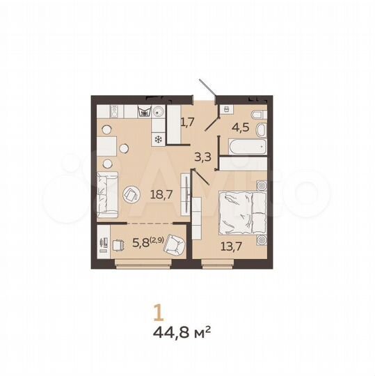 1-к. квартира, 44,8 м², 4/19 эт.