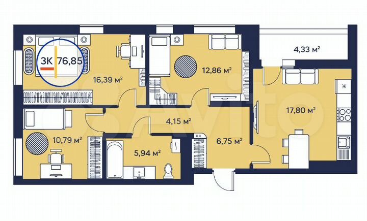 3-к. квартира, 76,9 м², 9/23 эт.