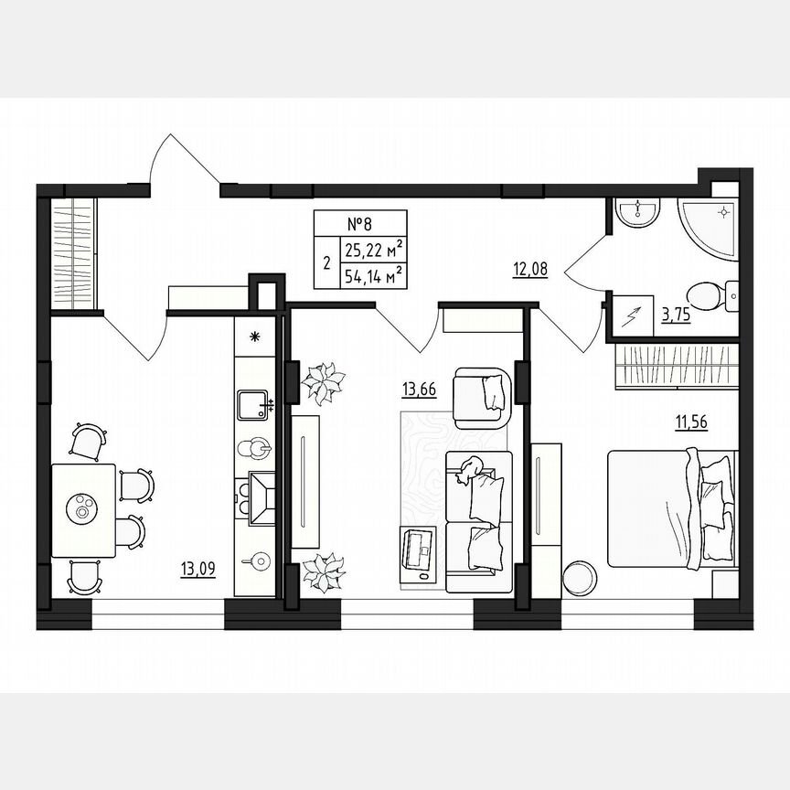 2-к. квартира, 54,1 м², 1/4 эт.
