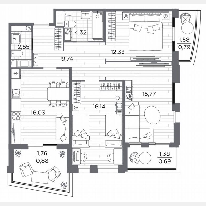 3-к. квартира, 79,8 м², 7/13 эт.