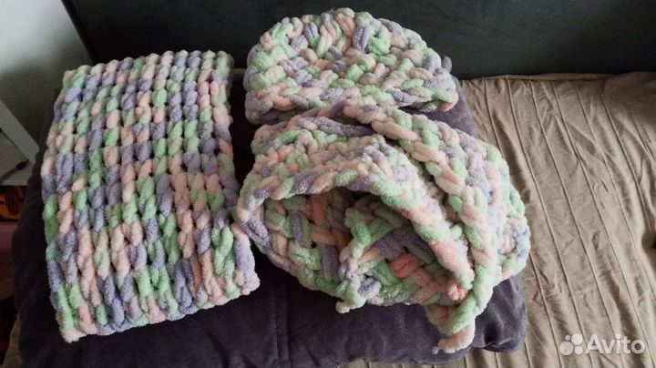 Шарф,снуд и шапочка из плюшевой пряжи