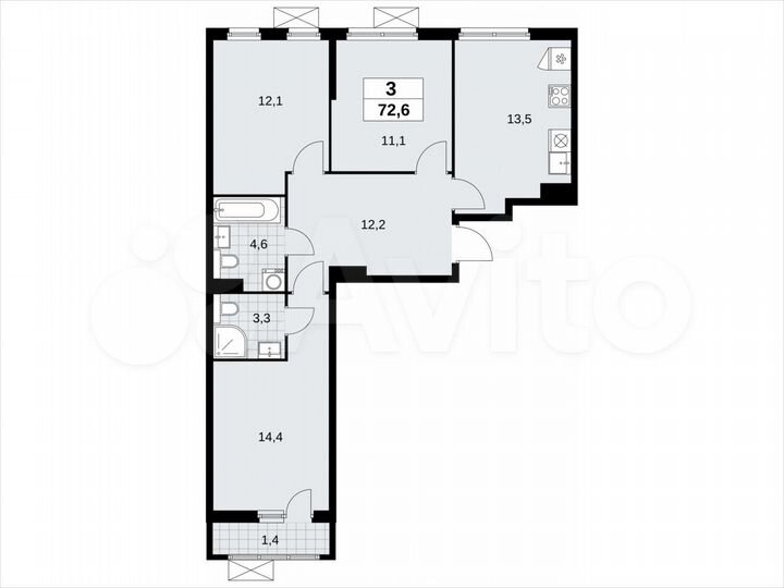 3-к. квартира, 72,6 м², 13/19 эт.