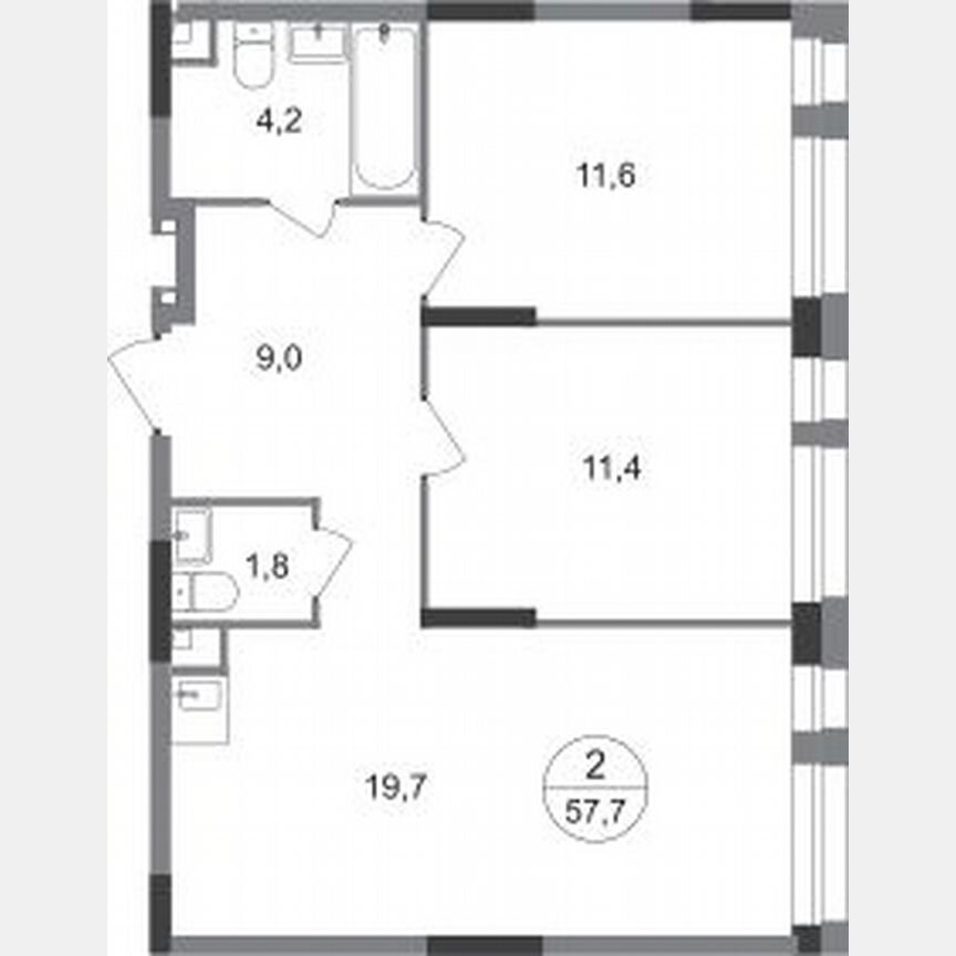 2-к. квартира, 57,7 м², 2/19 эт.