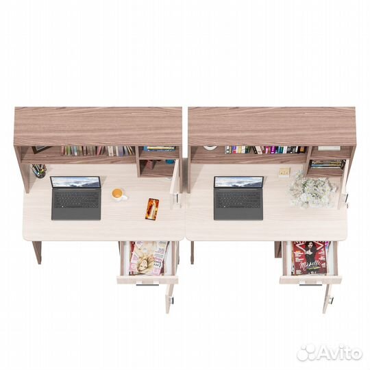 Два стола письменных с надстройкой Мебельный Двор 1-09Н цвет ясень шимо светлый/тёмный