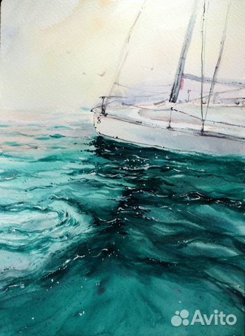 Акварельная картина с волнами с яхтой