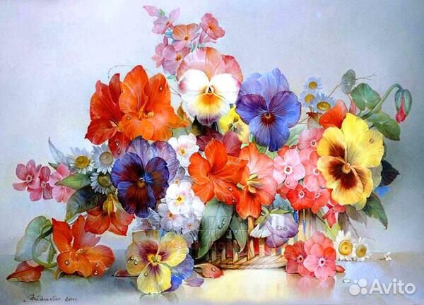 Картина по номерам 40x50 Букет ярких анютиных глаз