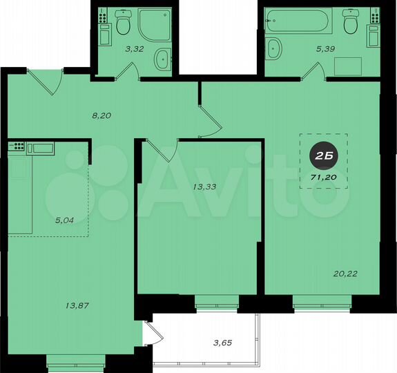 2-к. квартира, 71,2 м², 10/22 эт.