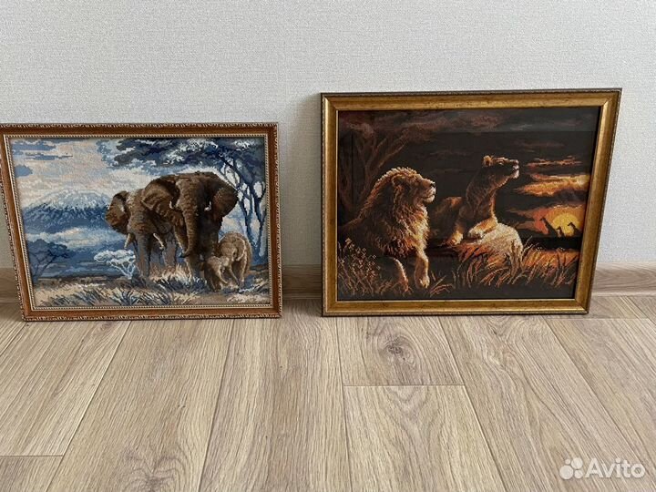 Готовая картина вышивка крестом Слоны в саванне