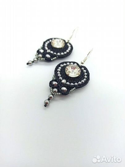 Серьги Сутажные с кристаллами Черные металлик блес