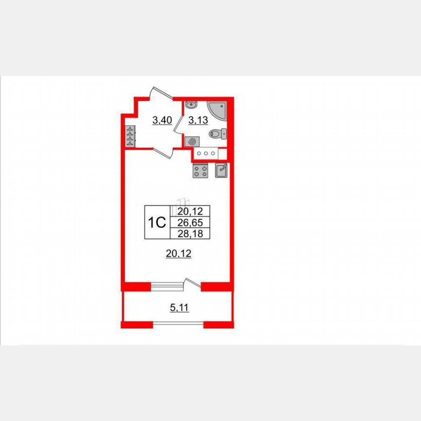 Квартира-студия, 26,7 м², 10/12 эт.
