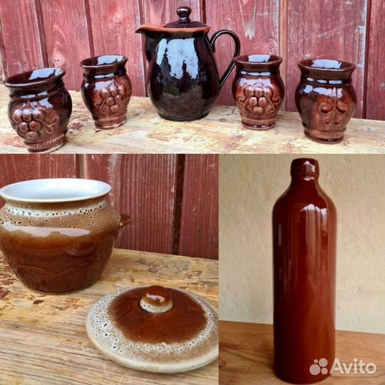 Набор посуды из глины (кувшин, стаканы, горшок)