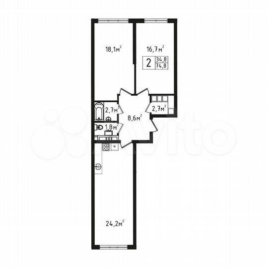 2-к. квартира, 74,8 м², 1/9 эт.