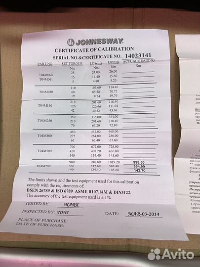 Ключ динамометрический jonnesway T04700 140-980 Nm