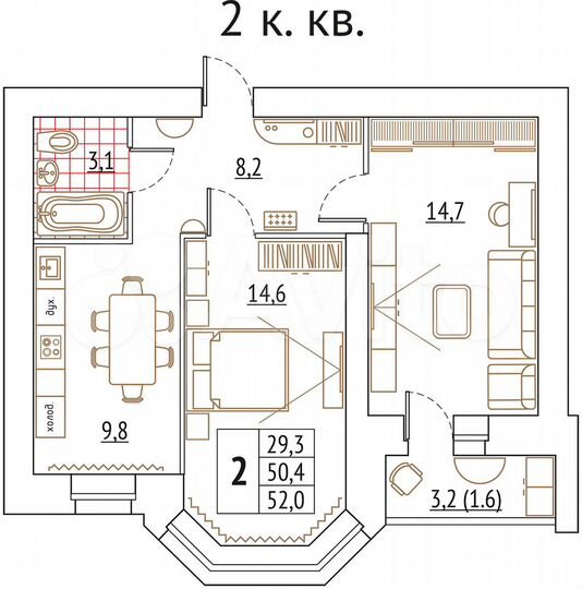 2-к. квартира, 53,7 м², 10/16 эт.