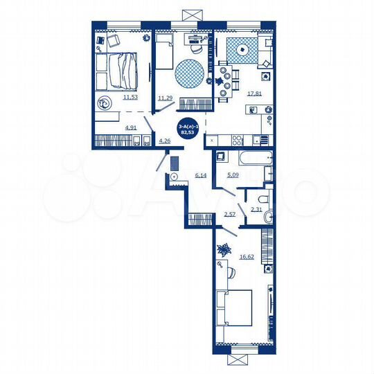 3-к. квартира, 82,5 м², 2/17 эт.