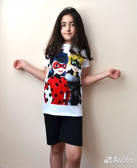 Футболка ледибаг+шорты, черная и белая 98-134