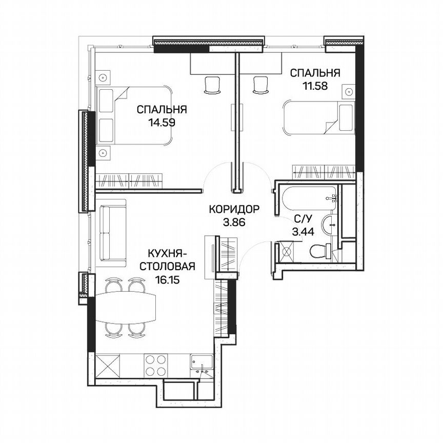 2-к. апартаменты, 49,4 м², 1/8 эт.