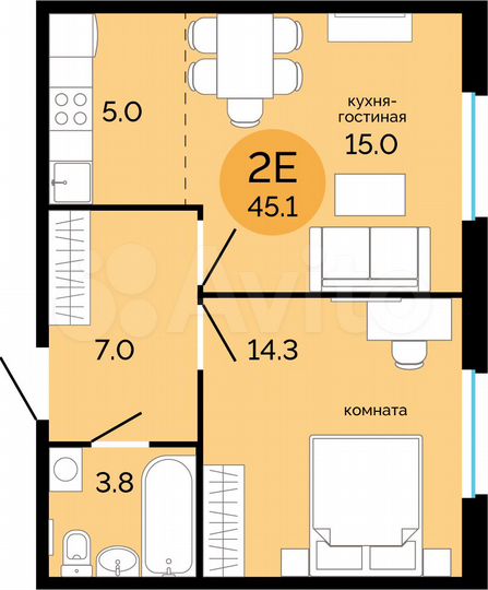 2-к. квартира, 45,1 м², 3/17 эт.