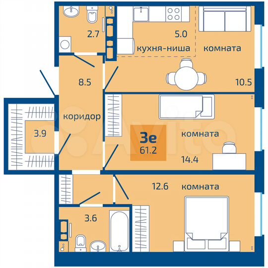 3-к. квартира, 61,2 м², 3/10 эт.