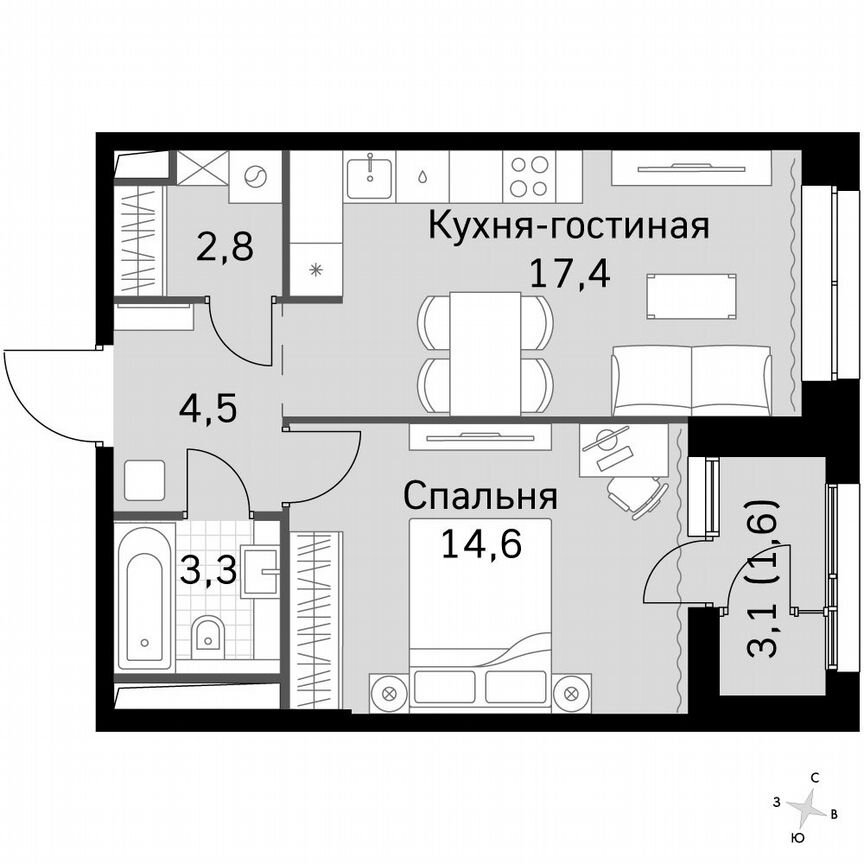 1-к. квартира, 44,3 м², 11/11 эт.