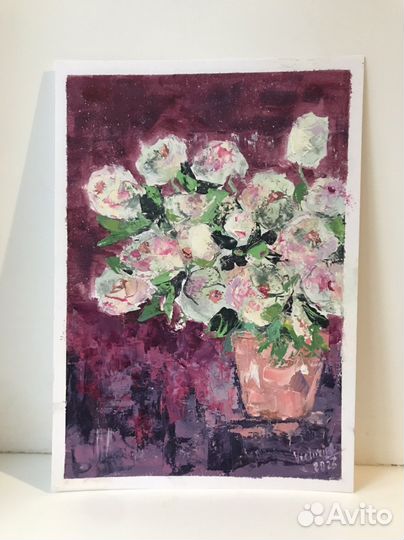 Картина маслом «Белые пионы» 21х30