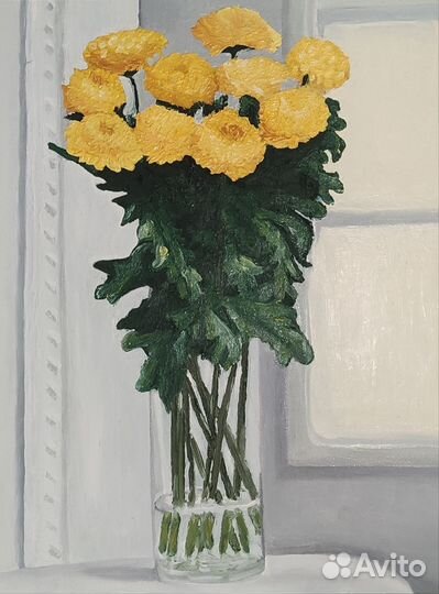 Картина маслом. Холст на картоне. Букет хризантем