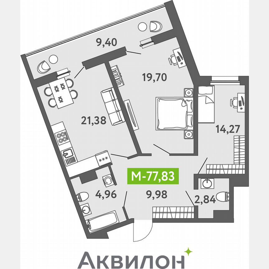 2-к. квартира, 77,8 м², 4/13 эт.