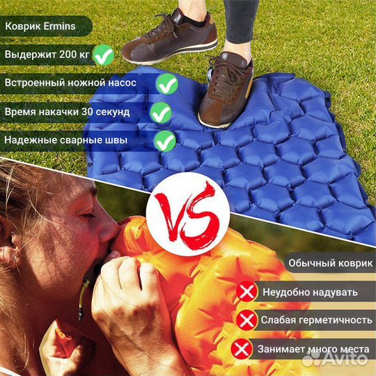 Надувной туристический коврик от Ermins (зеленый)