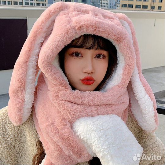 Шапка плюшевая с ушками 3в1 шарф, варежки