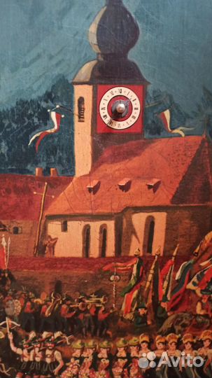 Картина(гравюра на дереве),с часами,Европа сер.20в