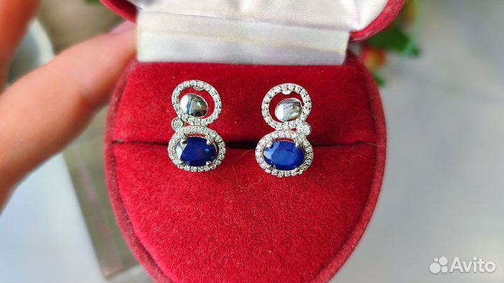 Серьги с сапфирами Шри-Ланка 2ct, 5,1 гр, s925