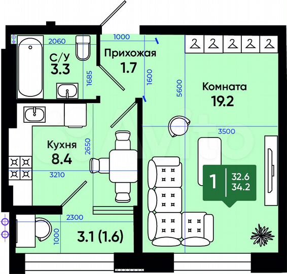 1-к. квартира, 34,6 м², 2/3 эт.