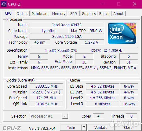 Xeon x3470 (i7-870) - 4 ядра 8 потоков LGA1156