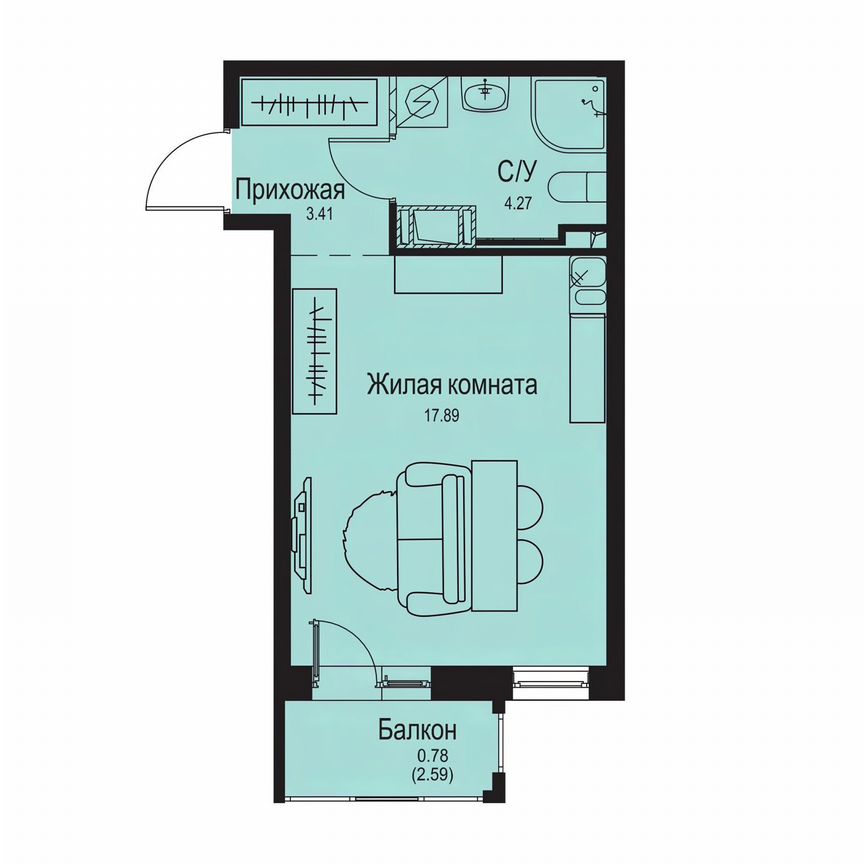 Квартира-студия, 26,4 м², 9/9 эт.