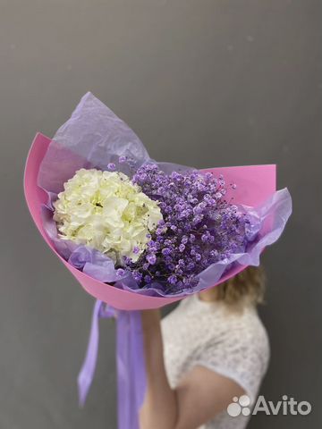 Дуо букет из Гортензии с Гипсофилой в фоамиране