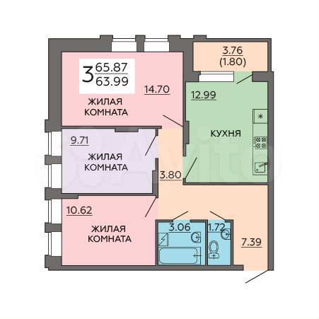 3-к. квартира, 65,9 м², 3/21 эт.
