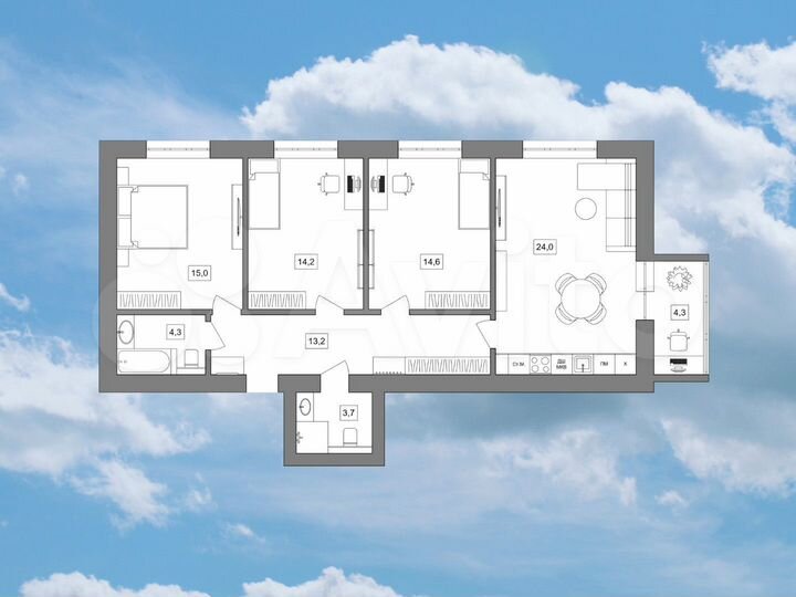 3-к. квартира, 90,1 м², 1/5 эт.