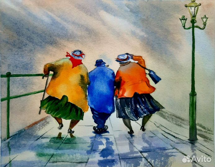 Картина акварелью 19,5х24,5. Вечер пятницы