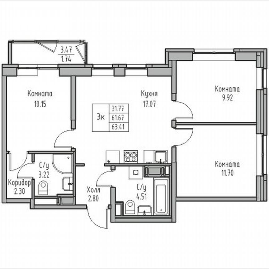 3-к. квартира, 63,4 м², 3/23 эт.