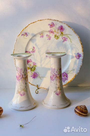Антикварные фарфоровые парные подсвечники с розами