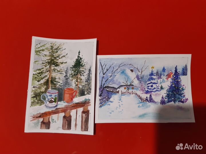 Открытки акварельные новогодние