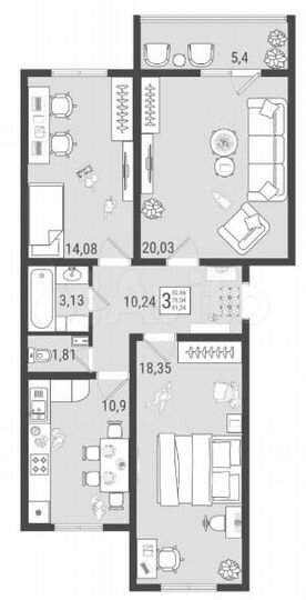 3-к. квартира, 81,2 м², 8/9 эт.
