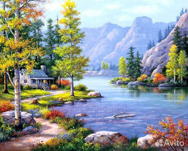 Алмазная мозаика 40x50 Пейзаж с домиком у горной р