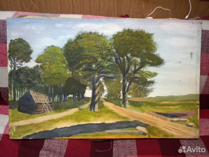 Старинная картина холст масло Изба в роще