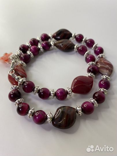 Вишневые бусы тигровый глаз и чешское стекло 50 см