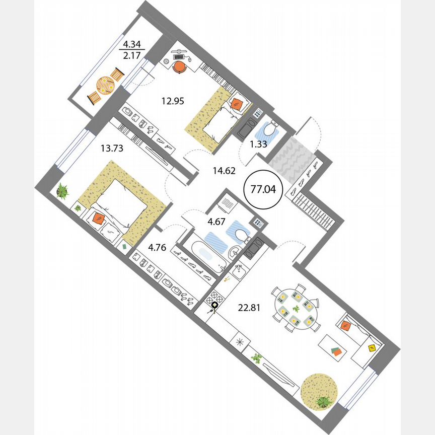 2-к. квартира, 77 м², 10/12 эт.