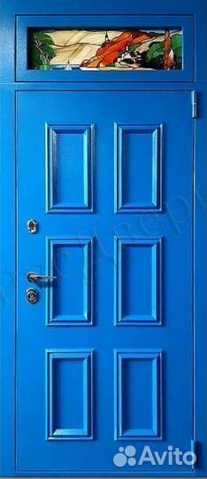 Синяя входная дверь с терморазрывом и фрамугой