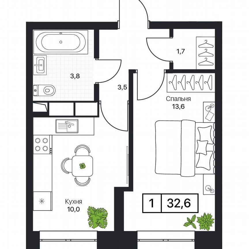 1-к. квартира, 32,6 м², 9/17 эт.