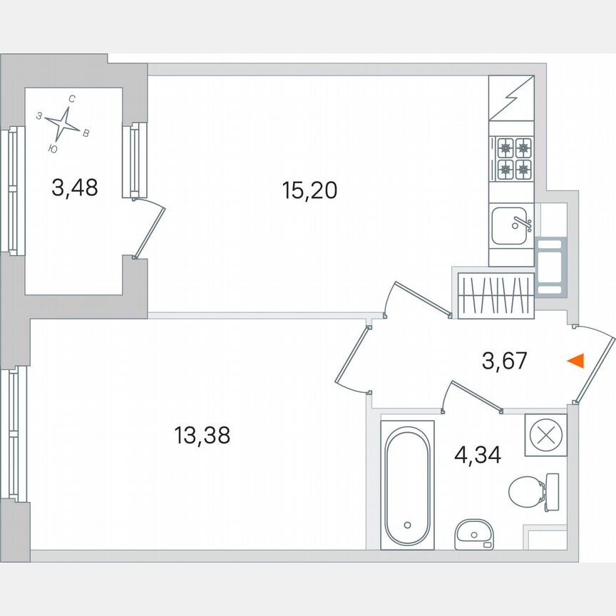 1-к. квартира, 38,3 м², 2/4 эт.