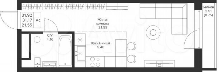 Квартира-студия, 31,9 м², 5/24 эт.